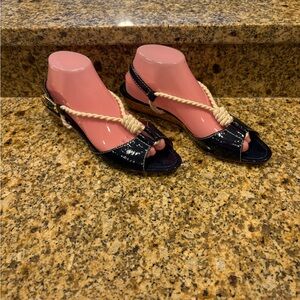 Tory Burch navy patent leather rope low wedge espadrille sling back sandal 10